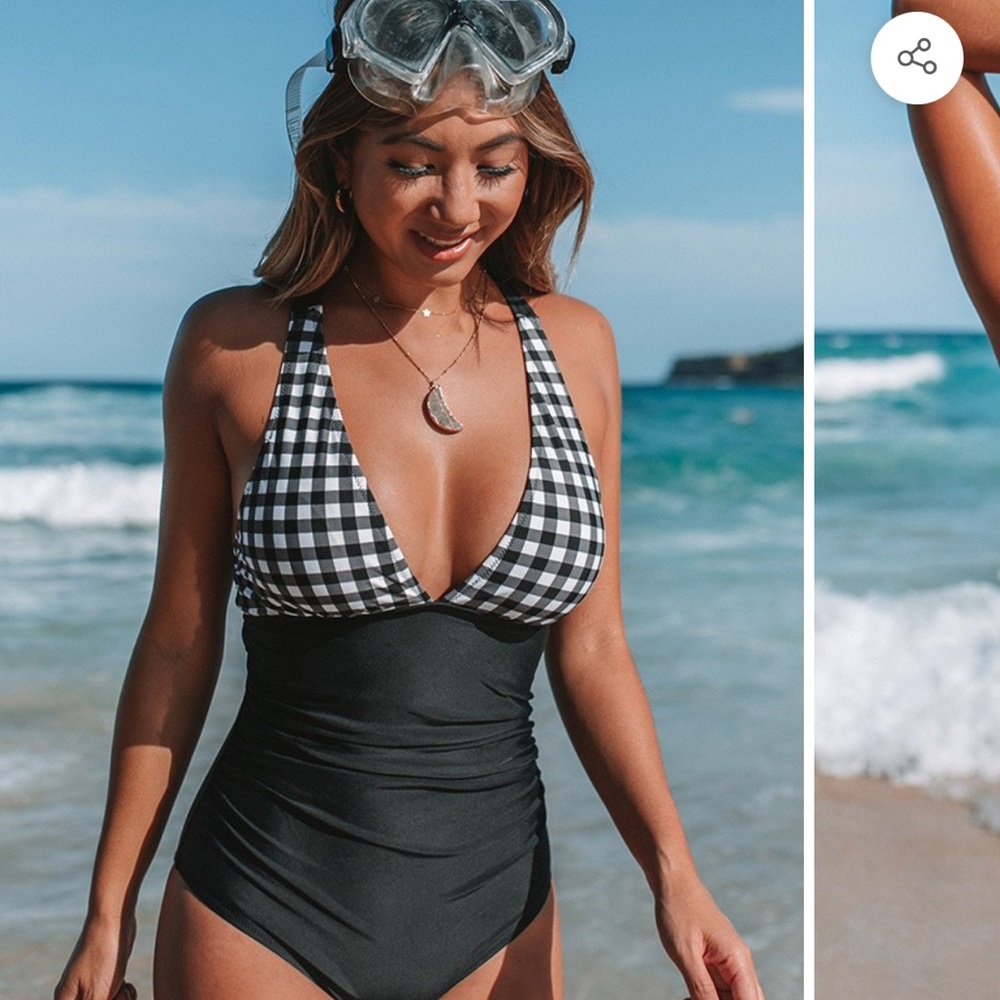 Black and White Gingham Ruched Tummy Control One Piece Swimsuit M